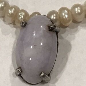 Vintage Sterling Silver Pearl & Jadeite Pendant Necklace Size 14”